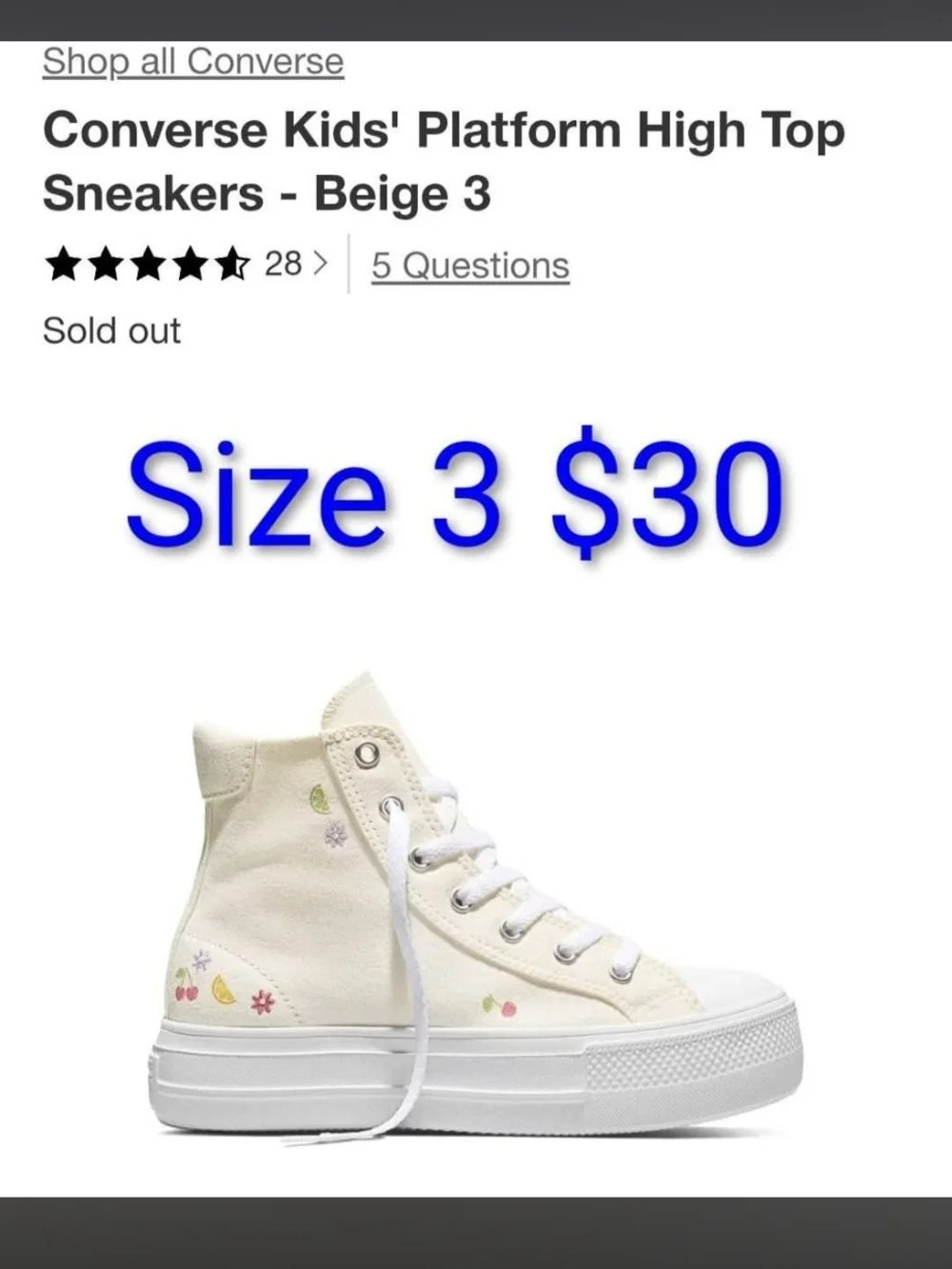 Converse Kids Cream High Top Platform Sneakers with Embroidered Fruit Accents